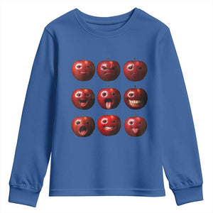 Funny Freaky Apple Faces Meme Graphic Youth Sweatshirt Surreal Weird AI Fruit Emotions TS02 Royal Blue Print Your Wear