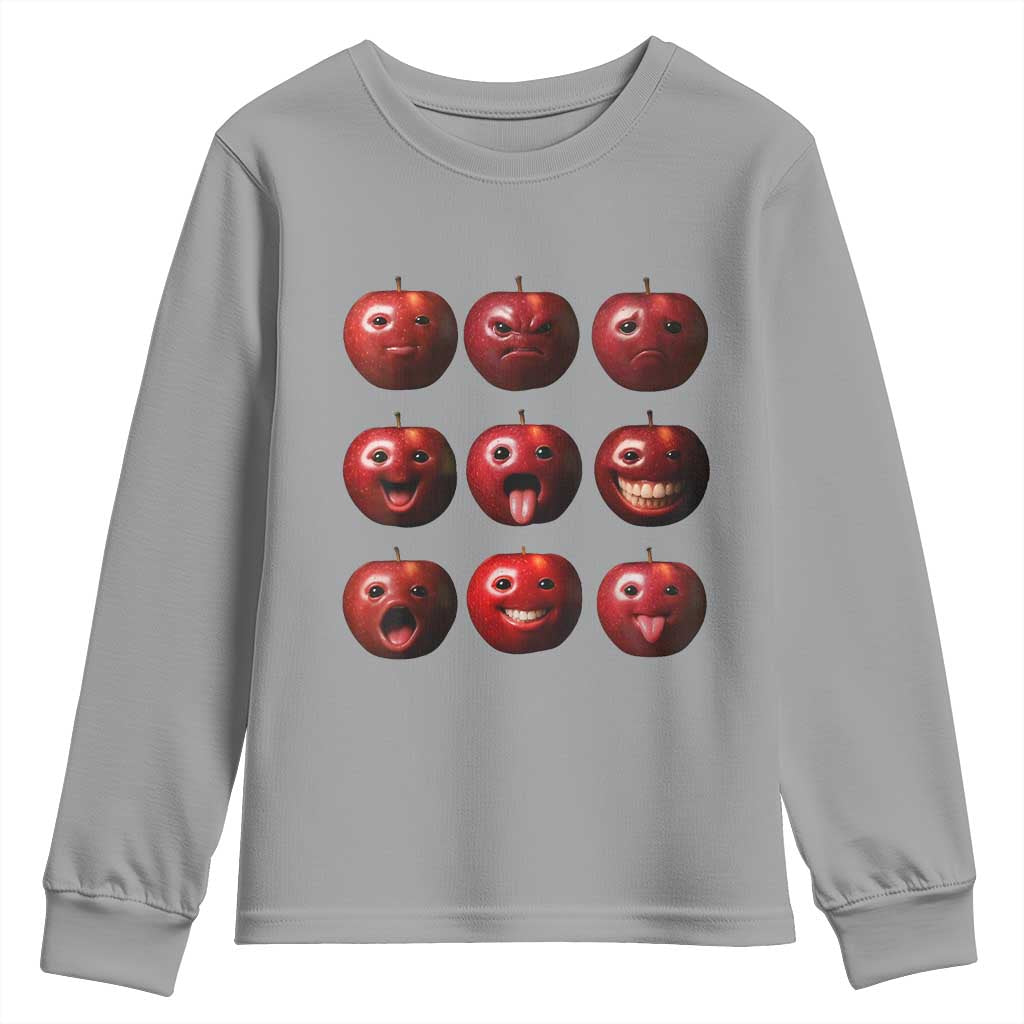 Funny Freaky Apple Faces Meme Graphic Youth Sweatshirt Surreal Weird AI Fruit Emotions TS02 Sport Gray Print Your Wear