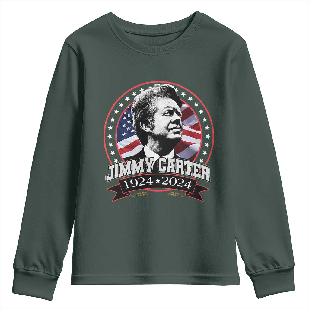 39th President Jimmy Carter Youth Sweatshirt USA Legacy American Flag TS02 Dark Forest Green Print Your Wear