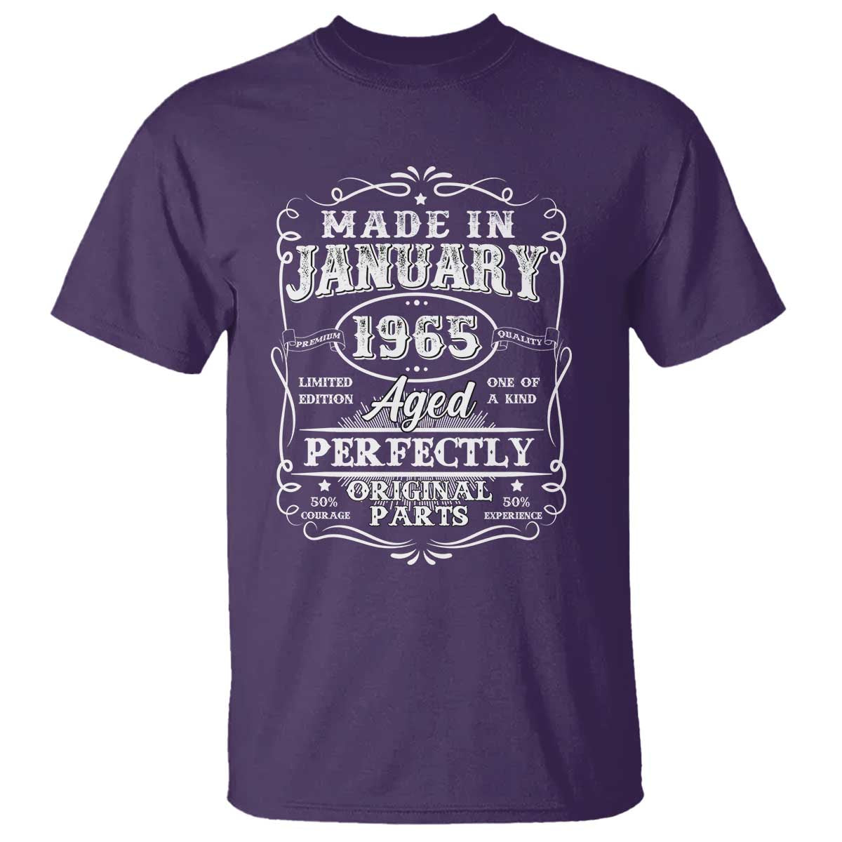 Retro Classic Made In January 1965 T Shirt Aged Perfectly Original Parts Vintage Birthday Men TS02 Purple Print Your Wear