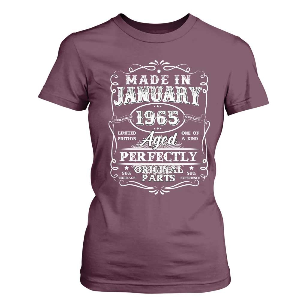 Retro Classic Made In January 1965 T Shirt For Women Aged Perfectly Original Parts Vintage Birthday Men TS02 Maroon Print Your Wear