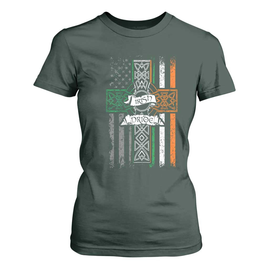 Irish Pride T Shirt For Women American Flag Celtic Cross St Patricks Day TS02 Dark Forest Green Print Your Wear