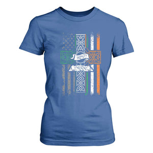 Irish Pride T Shirt For Women American Flag Celtic Cross St Patricks Day TS02 Royal Blue Print Your Wear