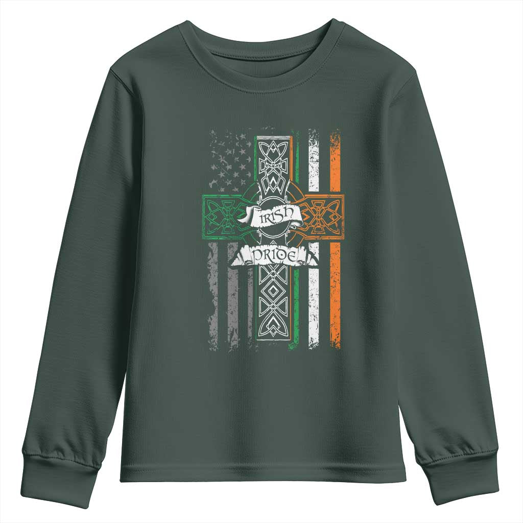 Irish Pride Youth Sweatshirt American Flag Celtic Cross St Patricks Day TS02 Dark Forest Green Print Your Wear