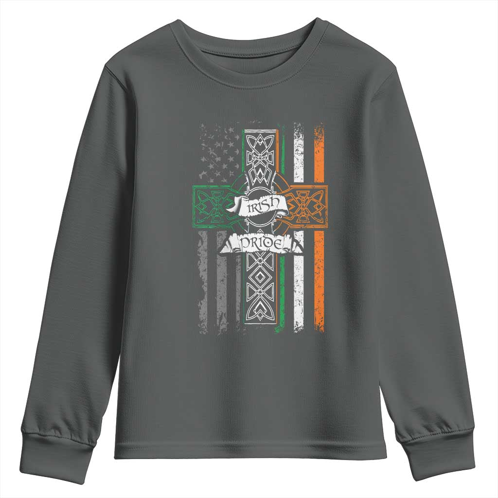 Irish Pride Youth Sweatshirt American Flag Celtic Cross St Patricks Day TS02 Dark Heather Print Your Wear