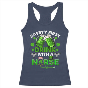 Funny Nurse St Patricks Day Racerback Tank Top Safety First Drink With A Nurse Beer Lovers TS02 Navy Print Your Wear