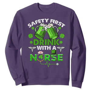 Funny Nurse St. Patricks Day Sweatshirt Safety First Drink With A Nurse Beer Lovers TS02 Purple Printyourwear