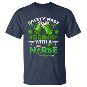 Funny Nurse St. Patricks Day T Shirt Safety First Drink With A Nurse Beer Lovers TS02 Navy Printyourwear
