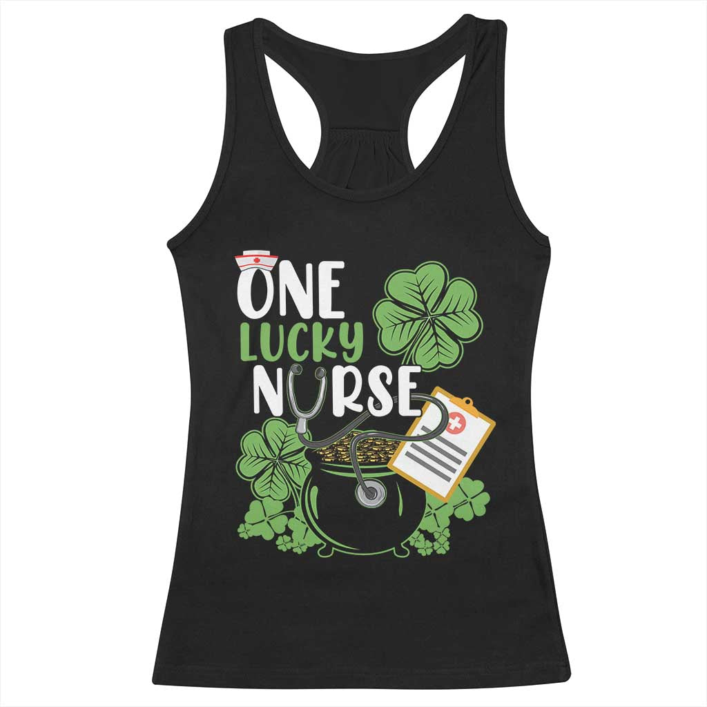Funny One Lucky Nurse St Patricks Day Racerback Tank Top Scrub Life RN ICU ER with Stethoscope TS02 Black Print Your Wear