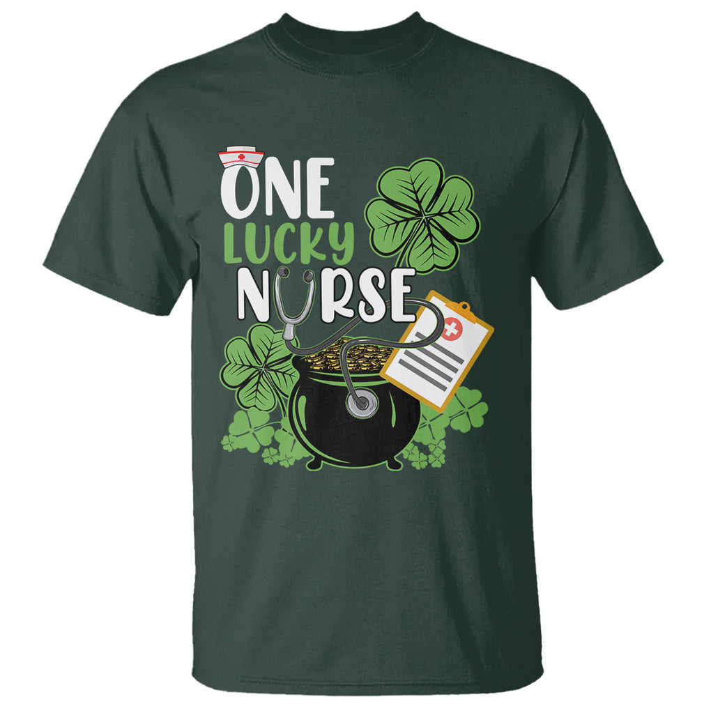 Funny One Lucky Nurse St. Patricks Day T Shirt Scrub Life RN ICU ER with Stethoscope TS02 Dark Forest Green Printyourwear