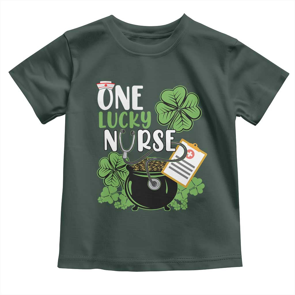 Funny One Lucky Nurse St Patricks Day Toddler T Shirt Scrub Life RN ICU ER with Stethoscope TS02 Dark Forest Green Print Your Wear