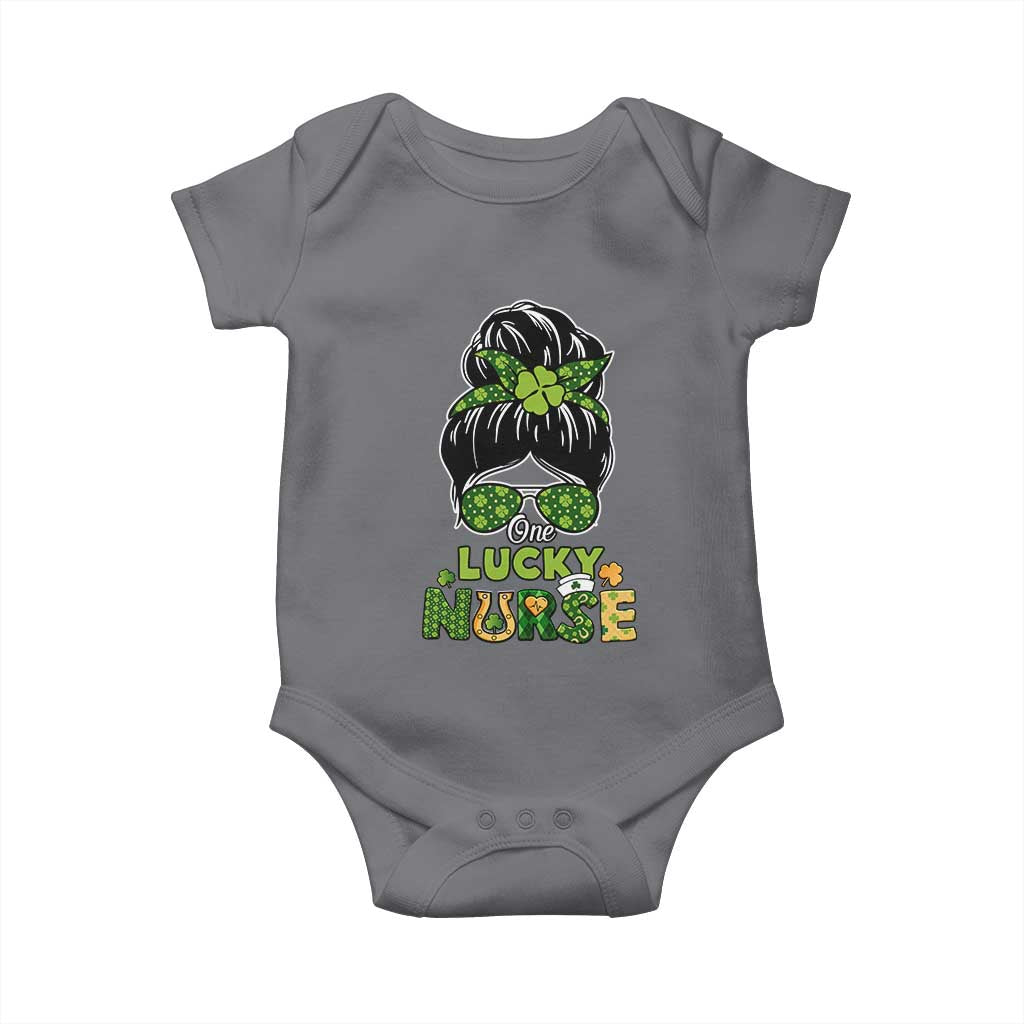 Funny One Lucky Nurse St Patricks Day Baby Onesie Scrub Life with Messy Bun TS02 Charcoal Print Your Wear