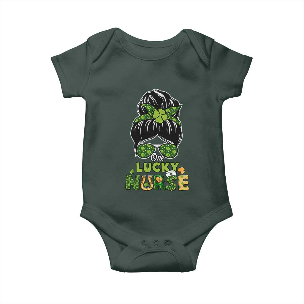 Funny One Lucky Nurse St Patricks Day Baby Onesie Scrub Life with Messy Bun TS02 Print Your Wear