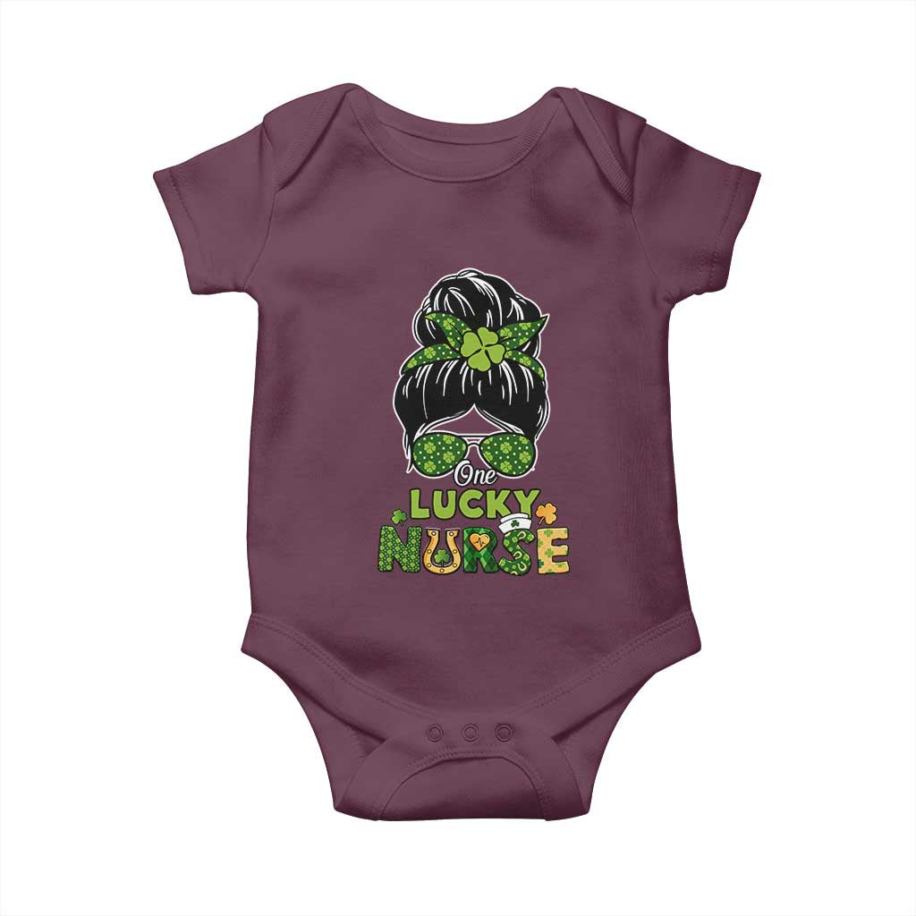 Funny One Lucky Nurse St Patricks Day Baby Onesie Scrub Life with Messy Bun TS02 Maroon Print Your Wear