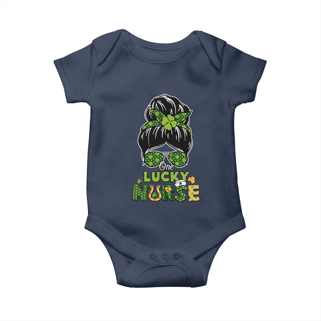 Funny One Lucky Nurse St Patricks Day Baby Onesie Scrub Life with Messy Bun TS02 Navy Print Your Wear