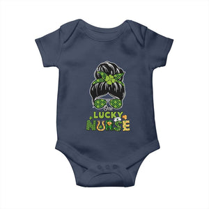 Funny One Lucky Nurse St Patricks Day Baby Onesie Scrub Life with Messy Bun TS02 Navy Print Your Wear