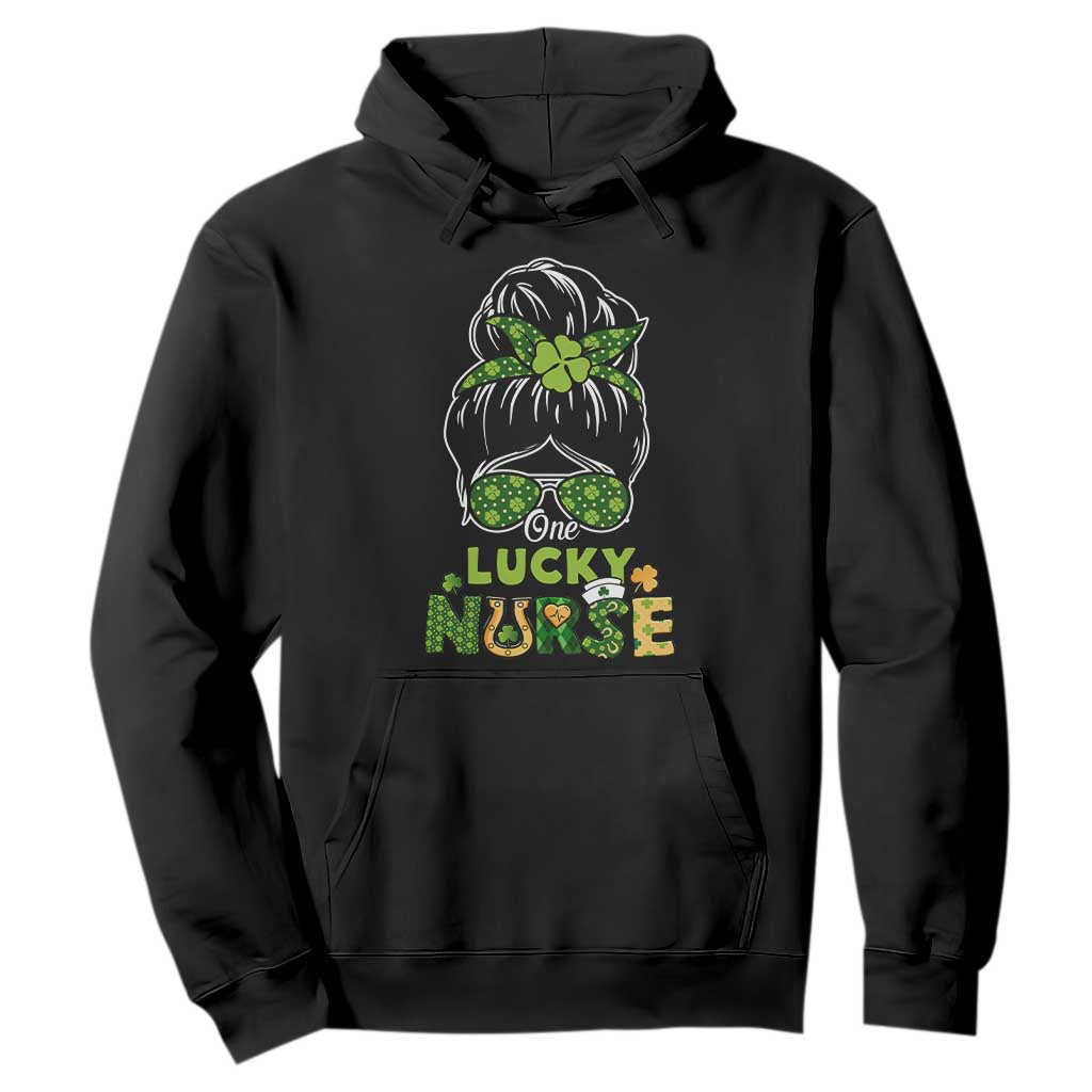 Funny One Lucky Nurse St. Patricks Day Hoodie Scrub Life with Messy Bun TS02 Black Printyourwear