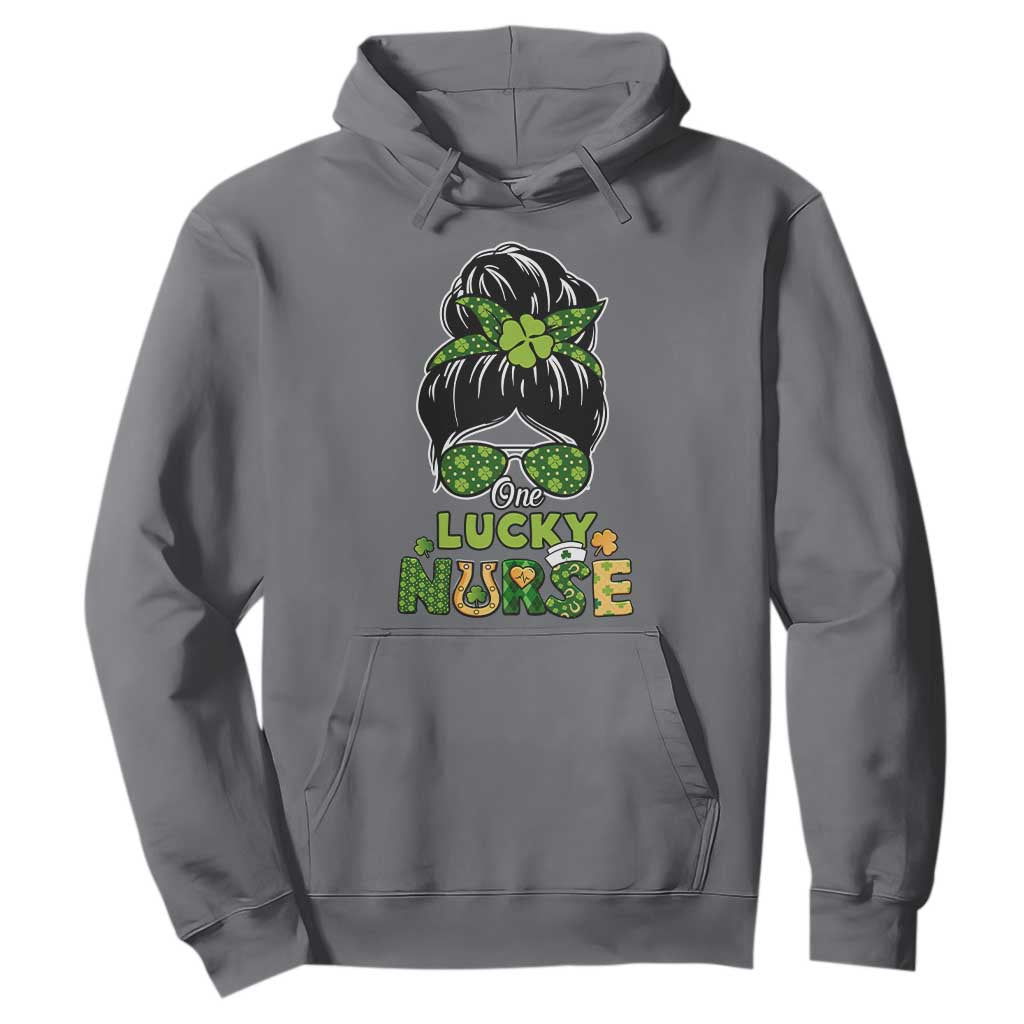 Funny One Lucky Nurse St. Patricks Day Hoodie Scrub Life with Messy Bun TS02 Charcoal Printyourwear