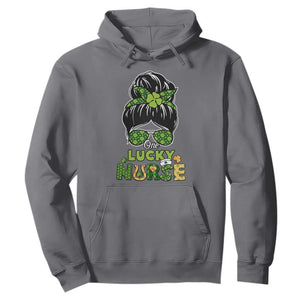 Funny One Lucky Nurse St. Patricks Day Hoodie Scrub Life with Messy Bun TS02 Charcoal Printyourwear