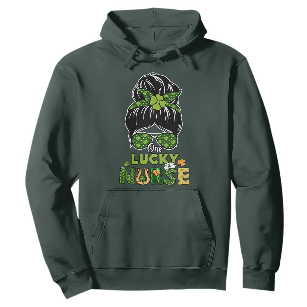 Funny One Lucky Nurse St. Patricks Day Hoodie Scrub Life with Messy Bun TS02 Dark Forest Green Printyourwear