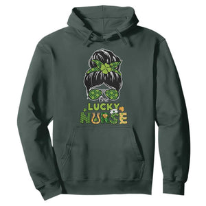 Funny One Lucky Nurse St. Patricks Day Hoodie Scrub Life with Messy Bun TS02 Dark Forest Green Printyourwear