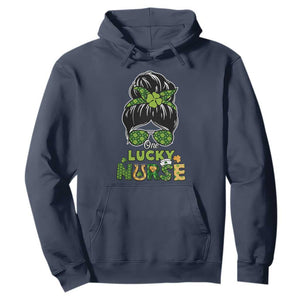 Funny One Lucky Nurse St. Patricks Day Hoodie Scrub Life with Messy Bun TS02 Navy Printyourwear
