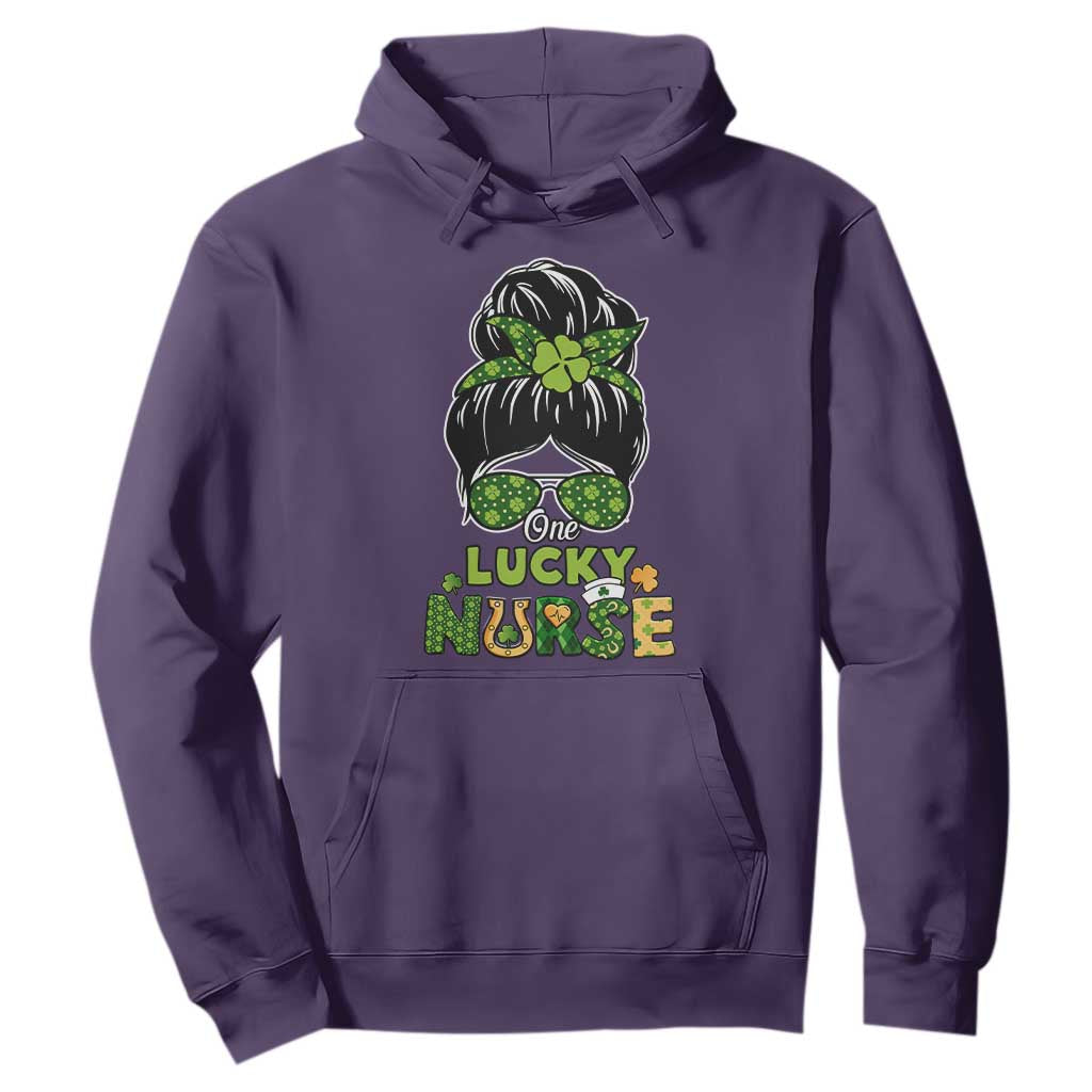 Funny One Lucky Nurse St. Patricks Day Hoodie Scrub Life with Messy Bun TS02 Purple Printyourwear