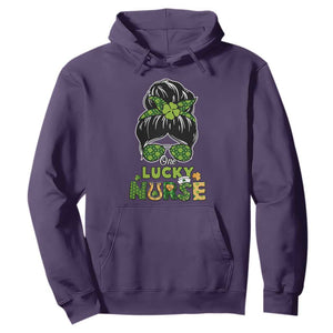 Funny One Lucky Nurse St. Patricks Day Hoodie Scrub Life with Messy Bun TS02 Purple Printyourwear