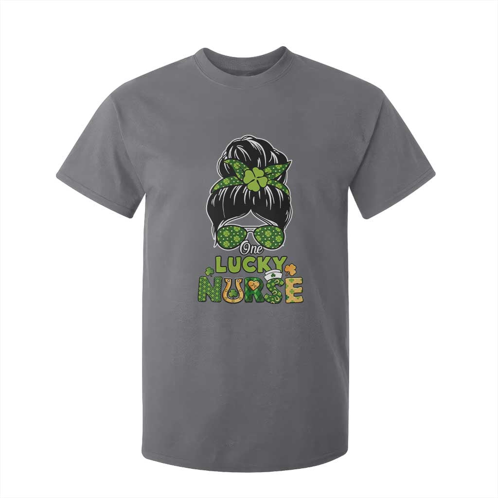 Funny One Lucky Nurse St Patricks Day T Shirt For Kid Scrub Life with Messy Bun TS02 Charcoal Print Your Wear