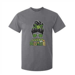 Funny One Lucky Nurse St Patricks Day T Shirt For Kid Scrub Life with Messy Bun TS02 Charcoal Print Your Wear