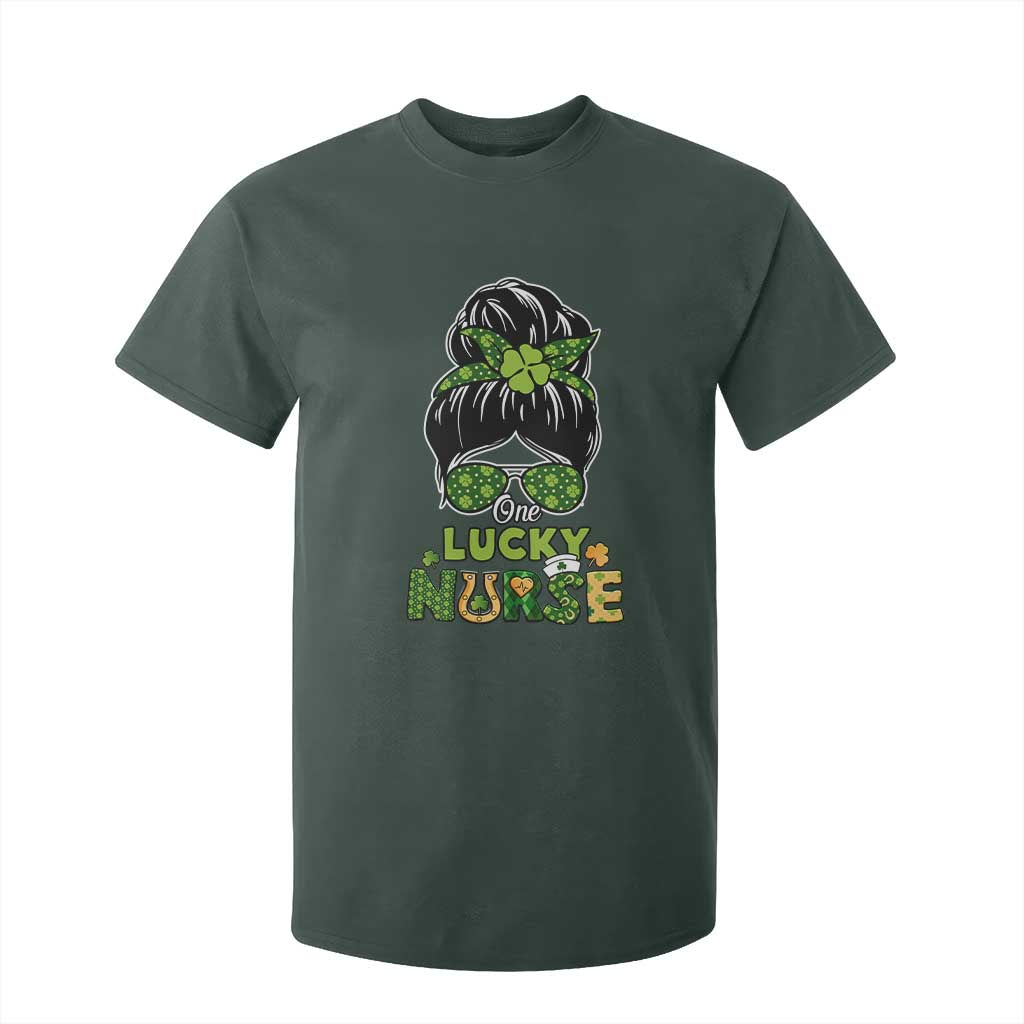 Funny One Lucky Nurse St Patricks Day T Shirt For Kid Scrub Life with Messy Bun TS02 Dark Forest Green Print Your Wear