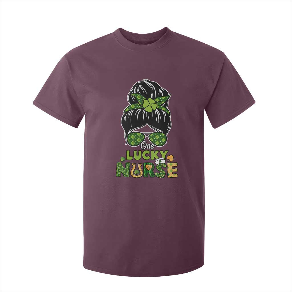 Funny One Lucky Nurse St Patricks Day T Shirt For Kid Scrub Life with Messy Bun TS02 Maroon Print Your Wear