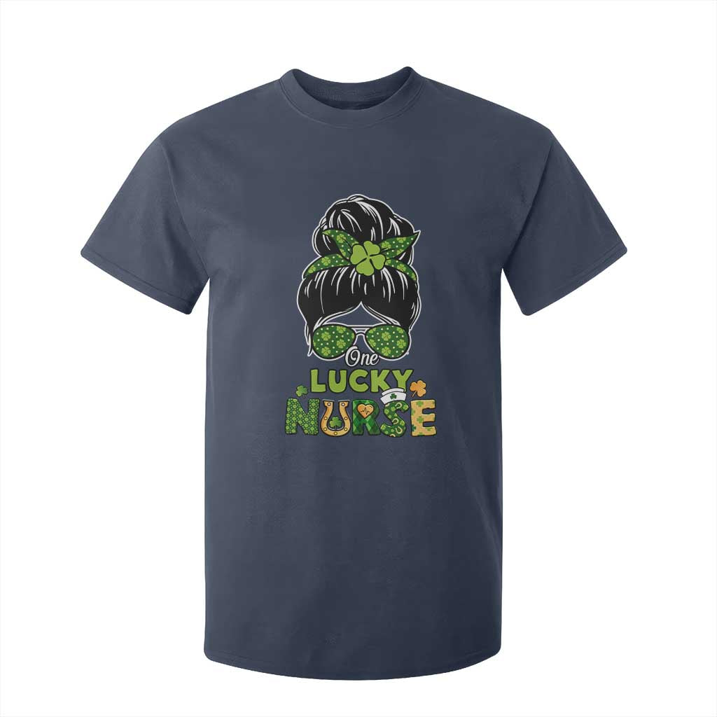 Funny One Lucky Nurse St Patricks Day T Shirt For Kid Scrub Life with Messy Bun TS02 Navy Print Your Wear