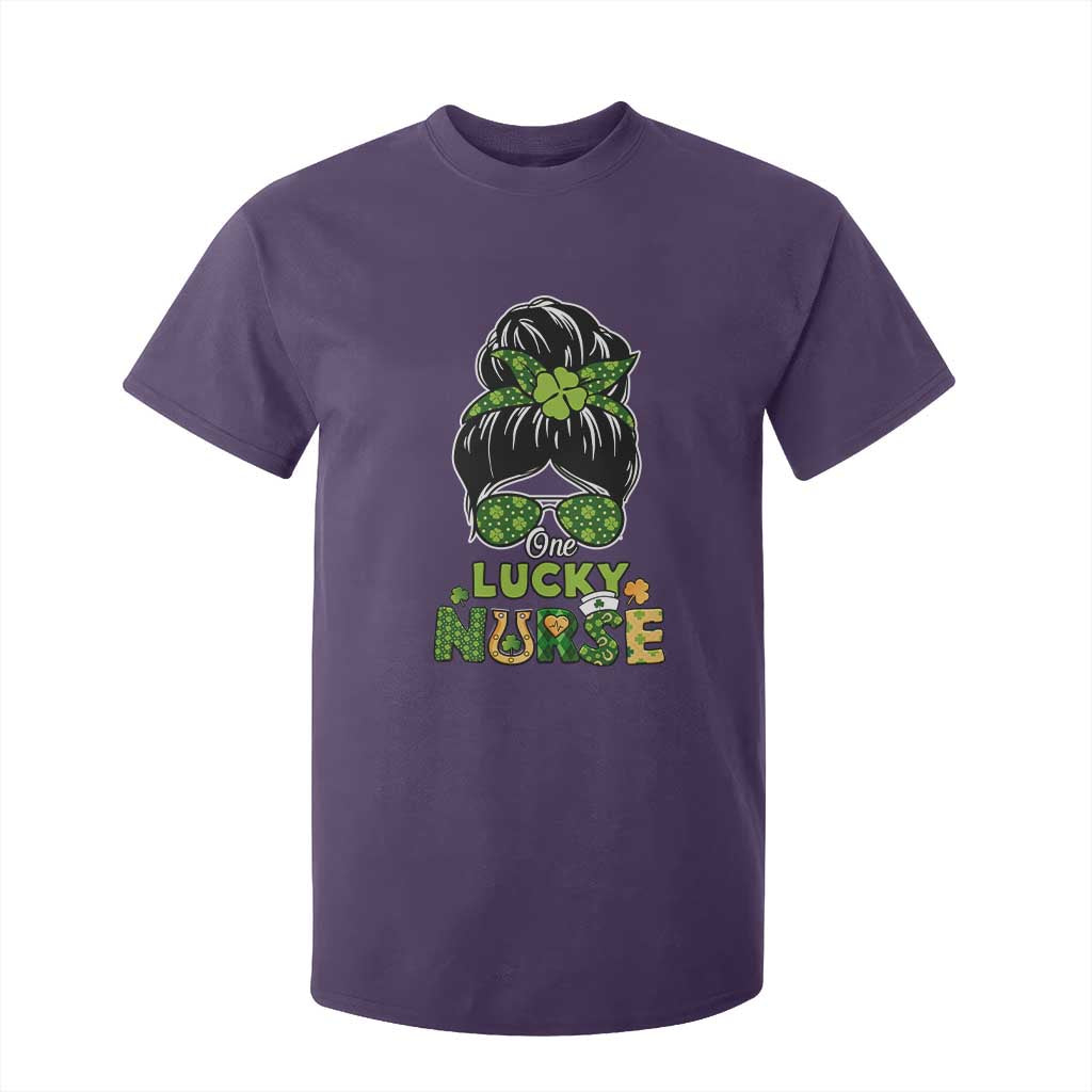 Funny One Lucky Nurse St Patricks Day T Shirt For Kid Scrub Life with Messy Bun TS02 Purple Print Your Wear