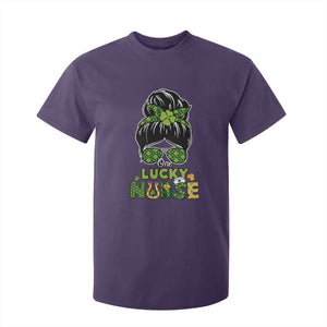 Funny One Lucky Nurse St Patricks Day T Shirt For Kid Scrub Life with Messy Bun TS02 Purple Print Your Wear