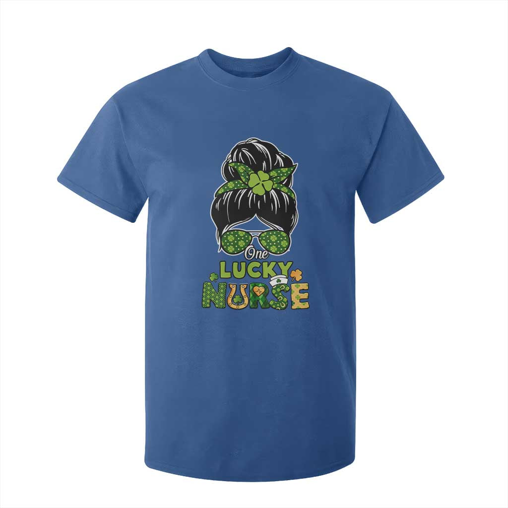 Funny One Lucky Nurse St Patricks Day T Shirt For Kid Scrub Life with Messy Bun TS02 Royal Blue Print Your Wear