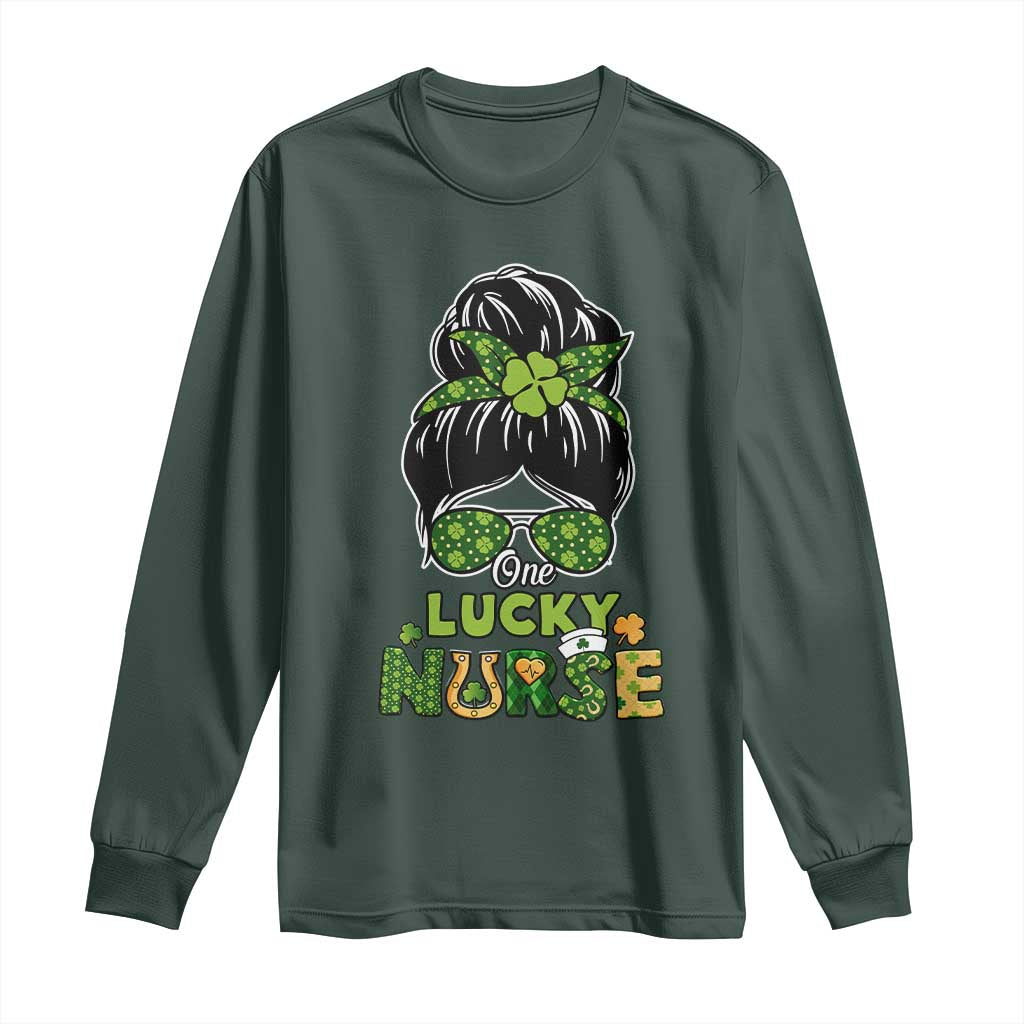Funny One Lucky Nurse St Patricks Day Long Sleeve Shirt Scrub Life with Messy Bun TS02 Dark Forest Green Print Your Wear