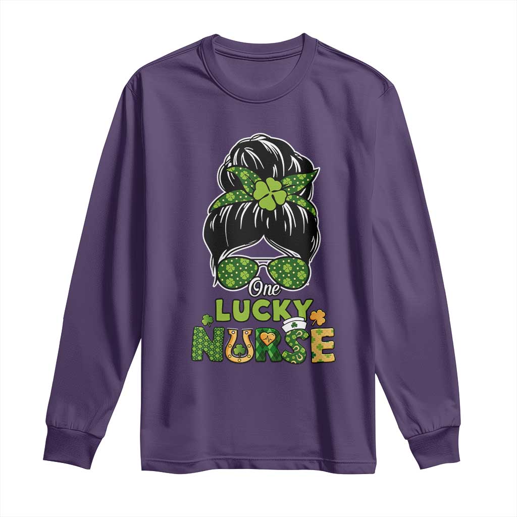 Funny One Lucky Nurse St Patricks Day Long Sleeve Shirt Scrub Life with Messy Bun TS02 Purple Print Your Wear