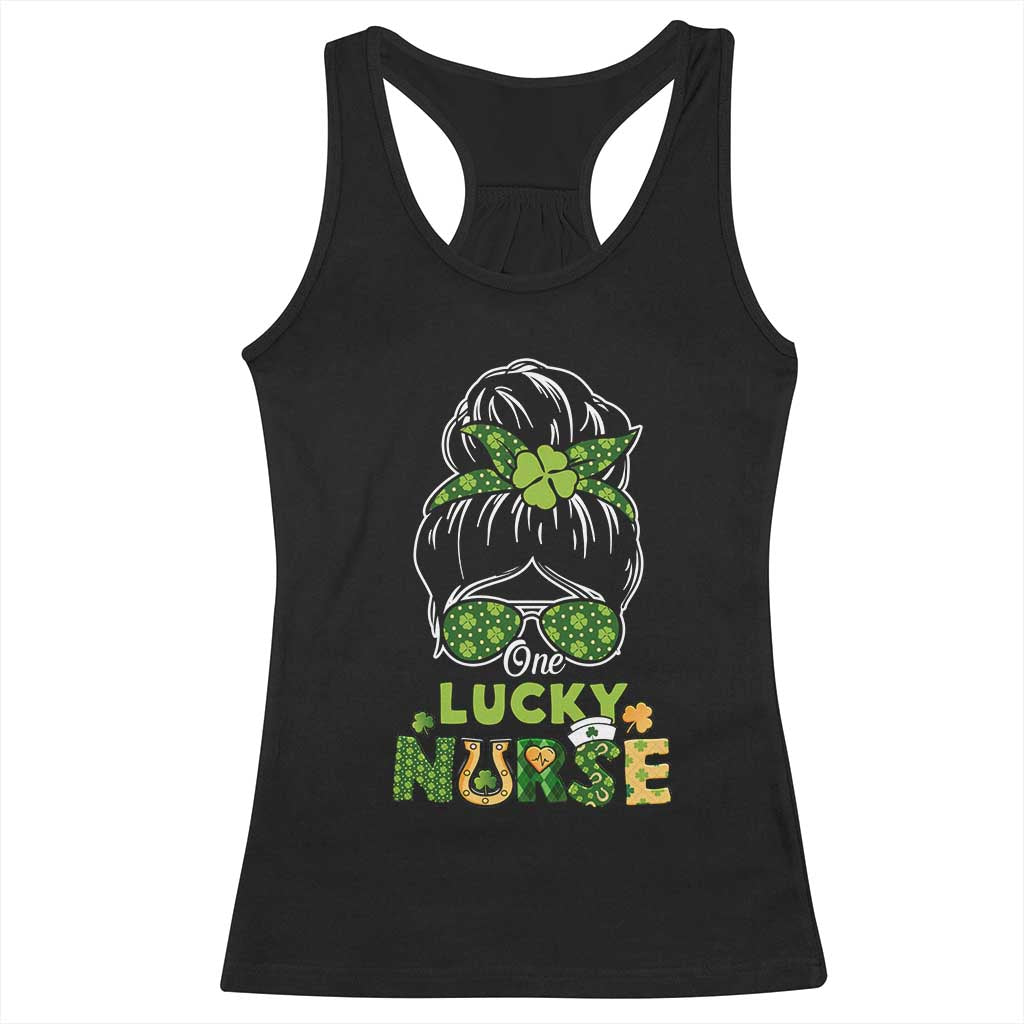 Funny One Lucky Nurse St Patricks Day Racerback Tank Top Scrub Life with Messy Bun TS02 Black Print Your Wear