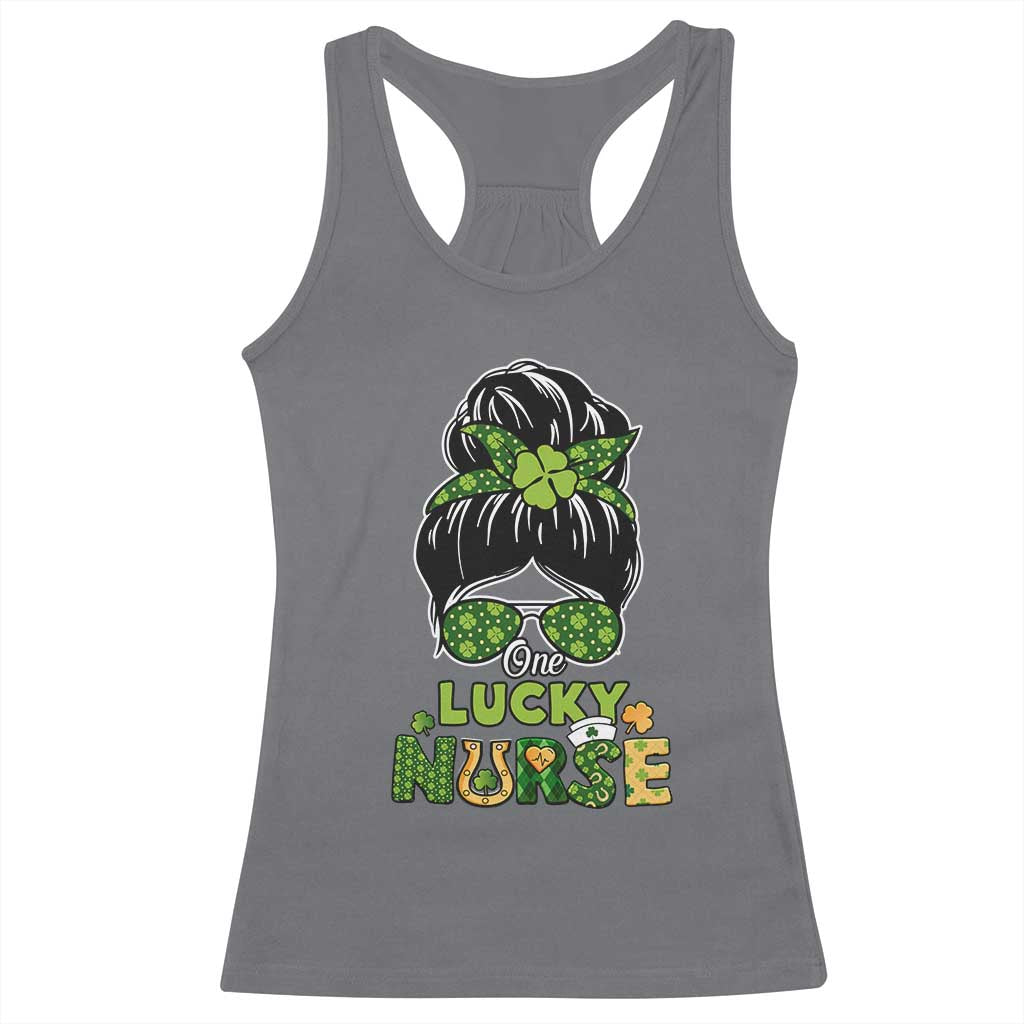 Funny One Lucky Nurse St Patricks Day Racerback Tank Top Scrub Life with Messy Bun TS02 Charcoal Print Your Wear