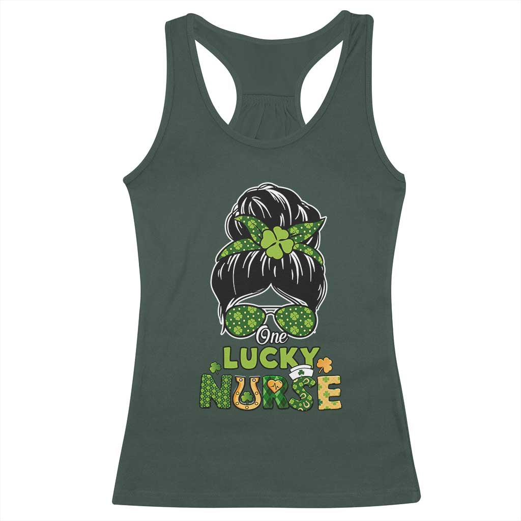 Funny One Lucky Nurse St Patricks Day Racerback Tank Top Scrub Life with Messy Bun TS02 Dark Forest Green Print Your Wear