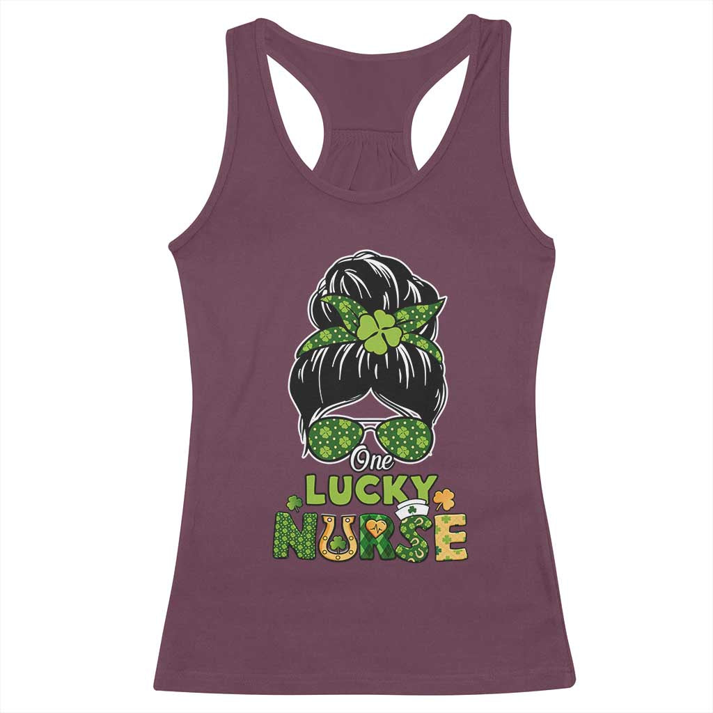 Funny One Lucky Nurse St Patricks Day Racerback Tank Top Scrub Life with Messy Bun TS02 Maroon Print Your Wear