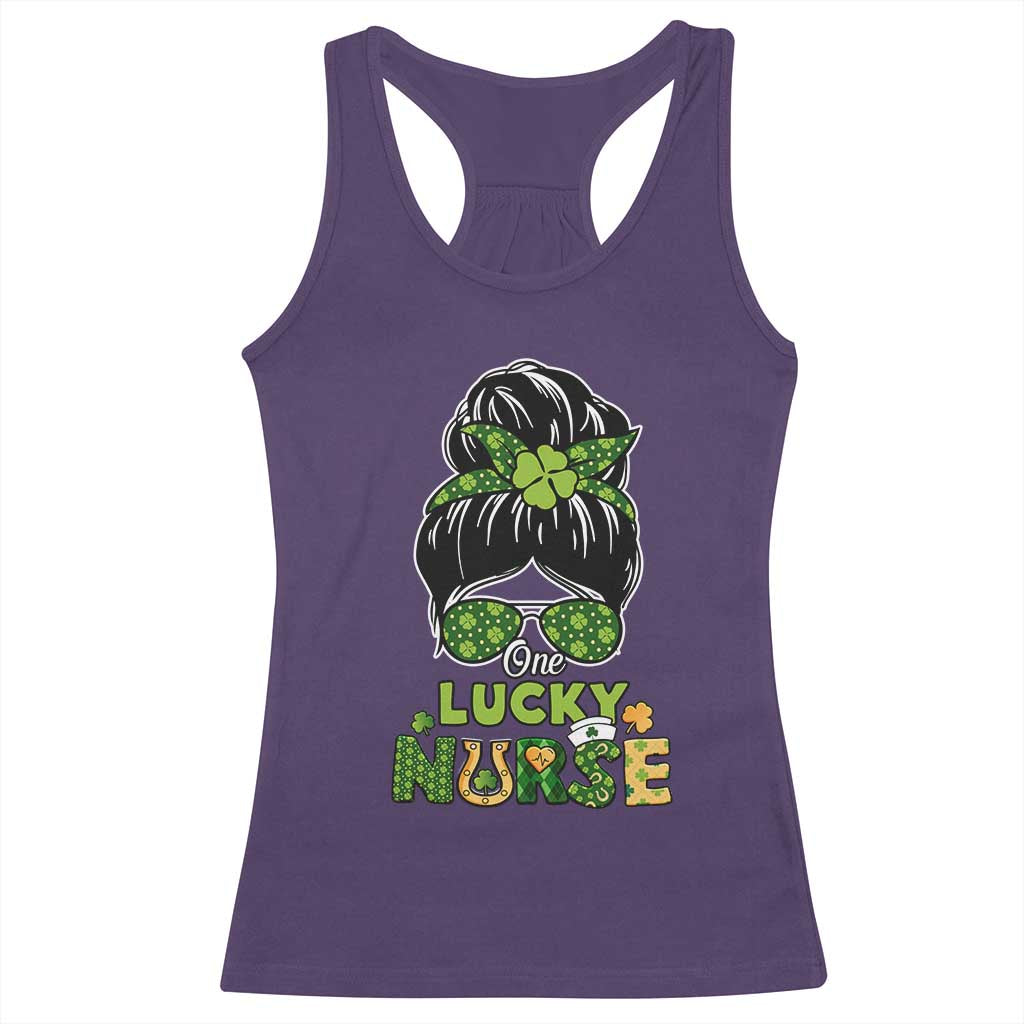 Funny One Lucky Nurse St Patricks Day Racerback Tank Top Scrub Life with Messy Bun TS02 Purple Print Your Wear