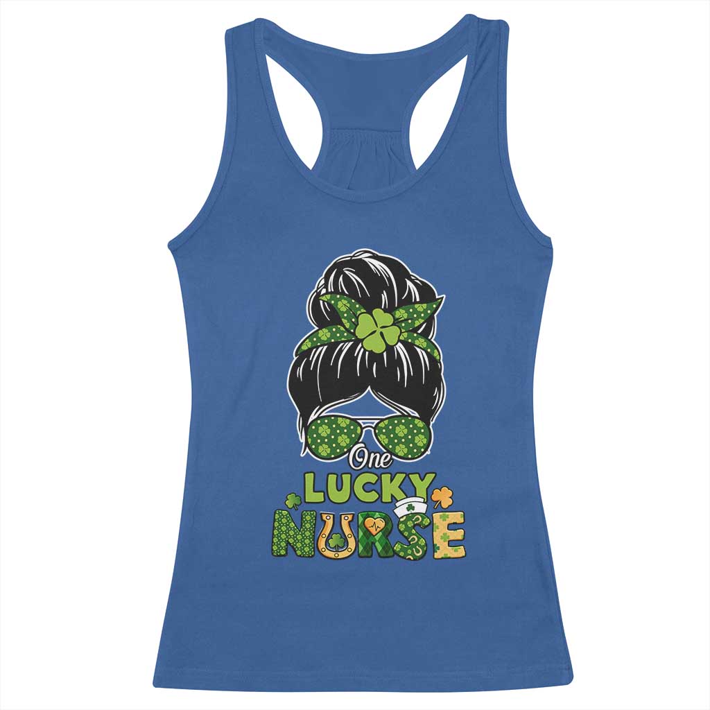Funny One Lucky Nurse St Patricks Day Racerback Tank Top Scrub Life with Messy Bun TS02 Royal Blue Print Your Wear