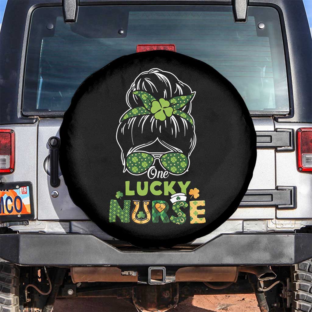 Funny One Lucky Nurse St Patricks Day Spare Tire Cover Scrub Life with Messy Bun TS02 No hole Black Print Your Wear