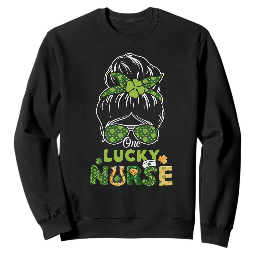 Funny One Lucky Nurse St. Patricks Day Sweatshirt Scrub Life with Messy Bun TS02 Black Printyourwear