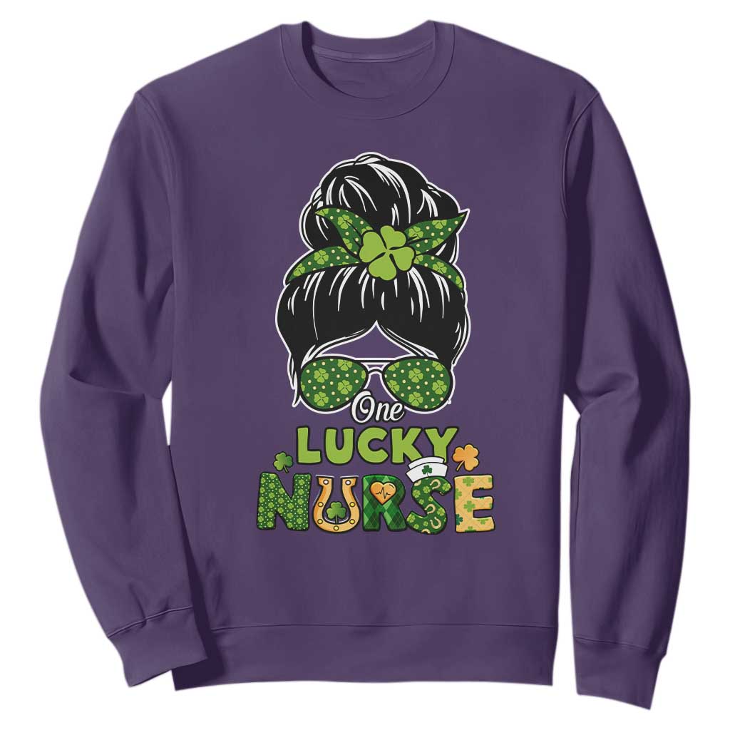 Funny One Lucky Nurse St. Patricks Day Sweatshirt Scrub Life with Messy Bun TS02 Purple Printyourwear