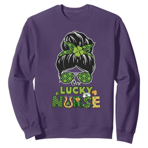 Funny One Lucky Nurse St. Patricks Day Sweatshirt Scrub Life with Messy Bun TS02 Purple Printyourwear