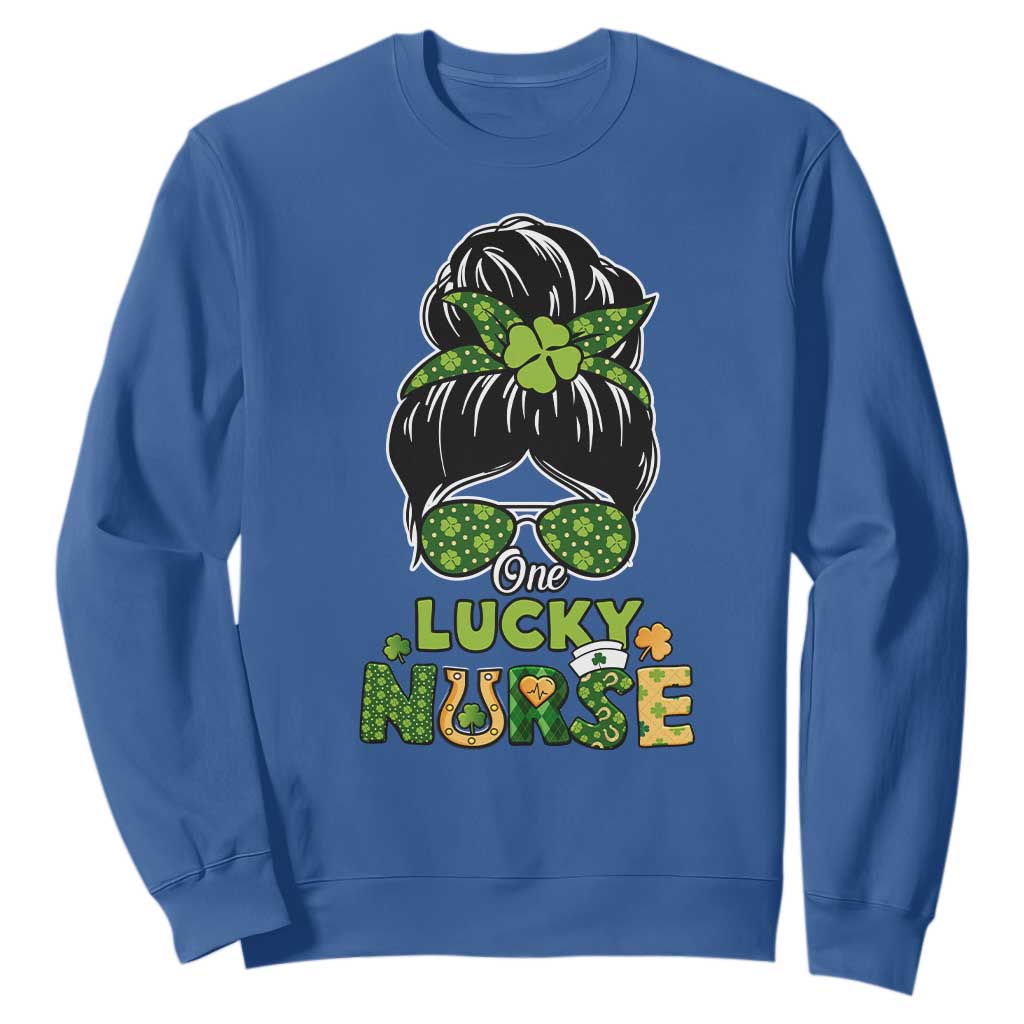 Funny One Lucky Nurse St. Patricks Day Sweatshirt Scrub Life with Messy Bun TS02 Royal Blue Printyourwear