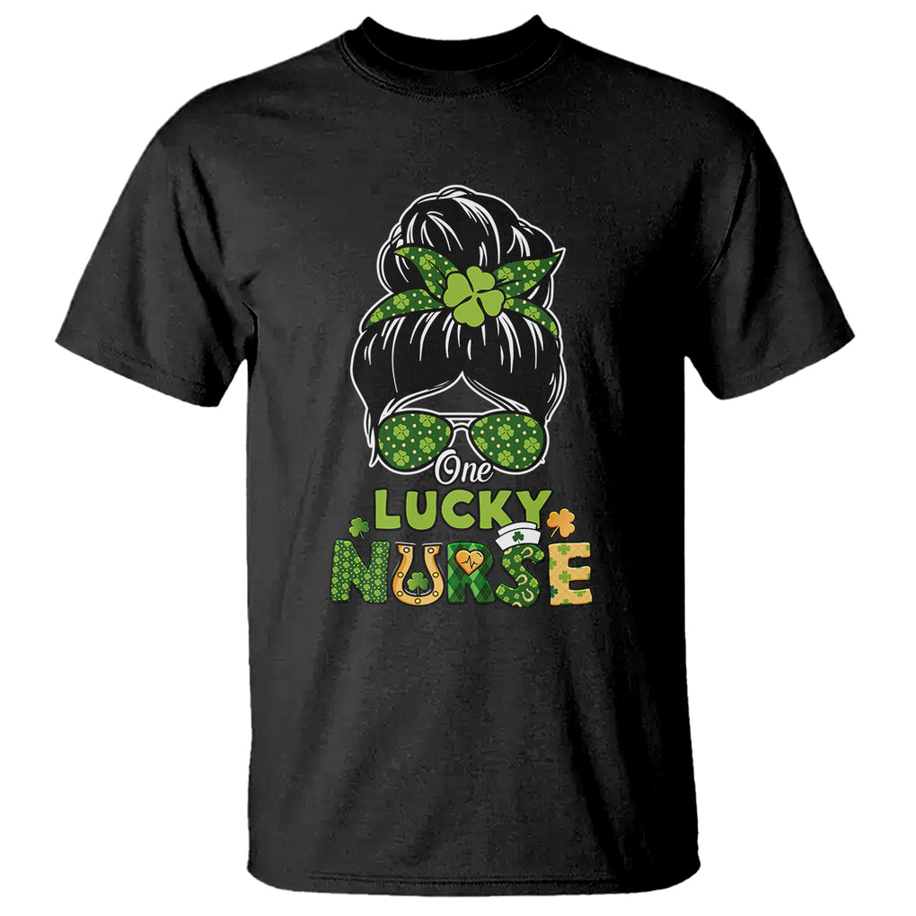 Funny One Lucky Nurse St. Patricks Day T Shirt Scrub Life with Messy Bun TS02 Black Printyourwear
